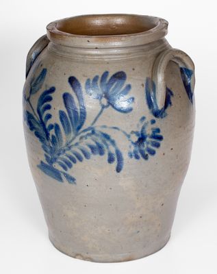 Rare and Fine Four-Gallon Baltimore Stoneware Jar with Elaborate Spotted Floral Decoration